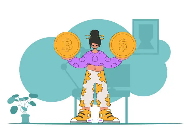 Vector illustration of The girl holds a dollar and bitcoin in her hands. Cryptocurrency theme.