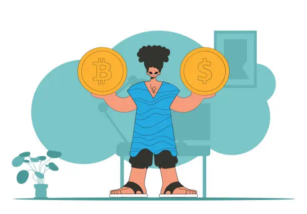 Vector illustration of A man holds a dollar and a bitcoin in his hands. Cryptocurrency and fiat exchange theme.