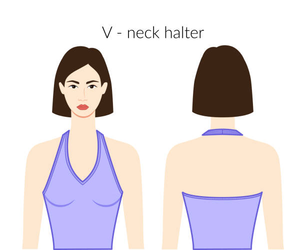 V - neckline halter clothes character beautiful lady in lavander top, shirt, dress technical fashion illustration with fitted body. Flat apparel template front, back side. Women, men unisex CAD mockup V - neckline halter clothes character beautiful lady in lavander top, shirt, dress technical fashion illustration with fitted body. Flat apparel template front, back side. Women, men unisex CAD mockup wedding dress back stock illustrations