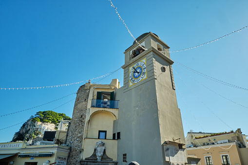 Capri  -  September 23, 2022:  Bell tower and Clock seen from above