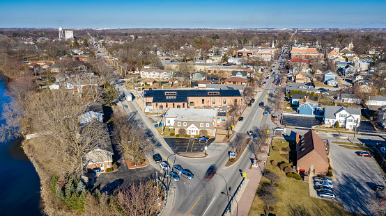 Plainfield, IL, USA - March 19, 2019: A drone / aerial view of Lockport Street in Downtown Plainfield, which features many small and locally owned businesses.