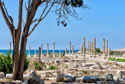 A view of the roman archaeological area by the mediterranean sea in the  city of Tyre in Lebanon
