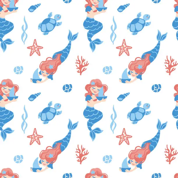 Vector illustration of Cute mermaids on the ocean. Fantasy print for small girls.