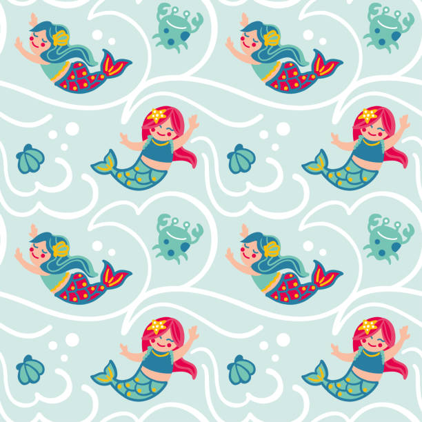 Cute mermaids on the ocean. Fantasy print for small girls. Cute mermaids on the ocean. Fantasy print for small girls. Seamless pattern. mermaid dress stock illustrations