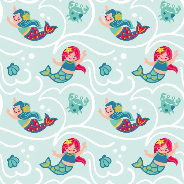 Vector illustration of Cute mermaids on the ocean. Fantasy print for small girls.
