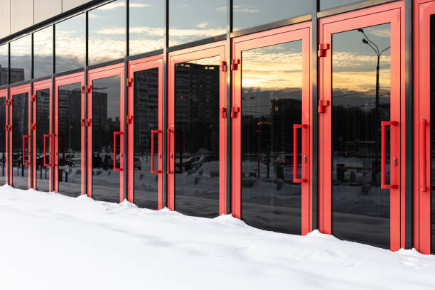 istock glass door covered with snow in winter. 1452913517
