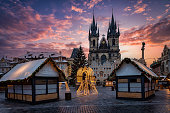 Beautiful winter sunrise view of the old town square of Prague with a christmas market