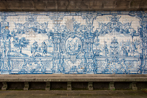 Close-up of Traditional portuguese and spanish classic tile blue Azulejo background