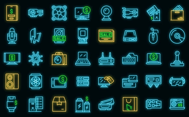 Computer store icons set outline vector. Online store vector neon Computer store icons set outline vector. Online store. Web marketplace vector neon computer shop stock illustrations