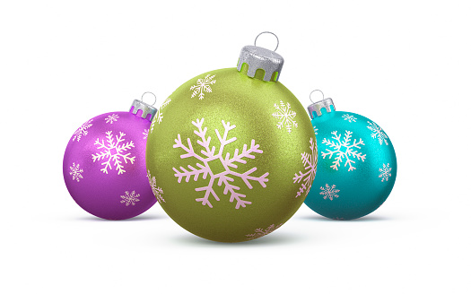 3d Render Green, Purple, Turquoise Christmas Decorations, Snowflake, White Background Clipping Path (isolated on white)