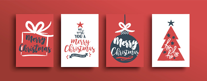 Merry Christmas Happy New Year greeting card illustration set with vintage hand drawn typography design. Red winter holiday quote celebration collection.