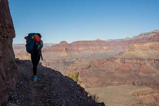 Female Backpacker Looks Out from Shelf Trail in the Grand Canyon