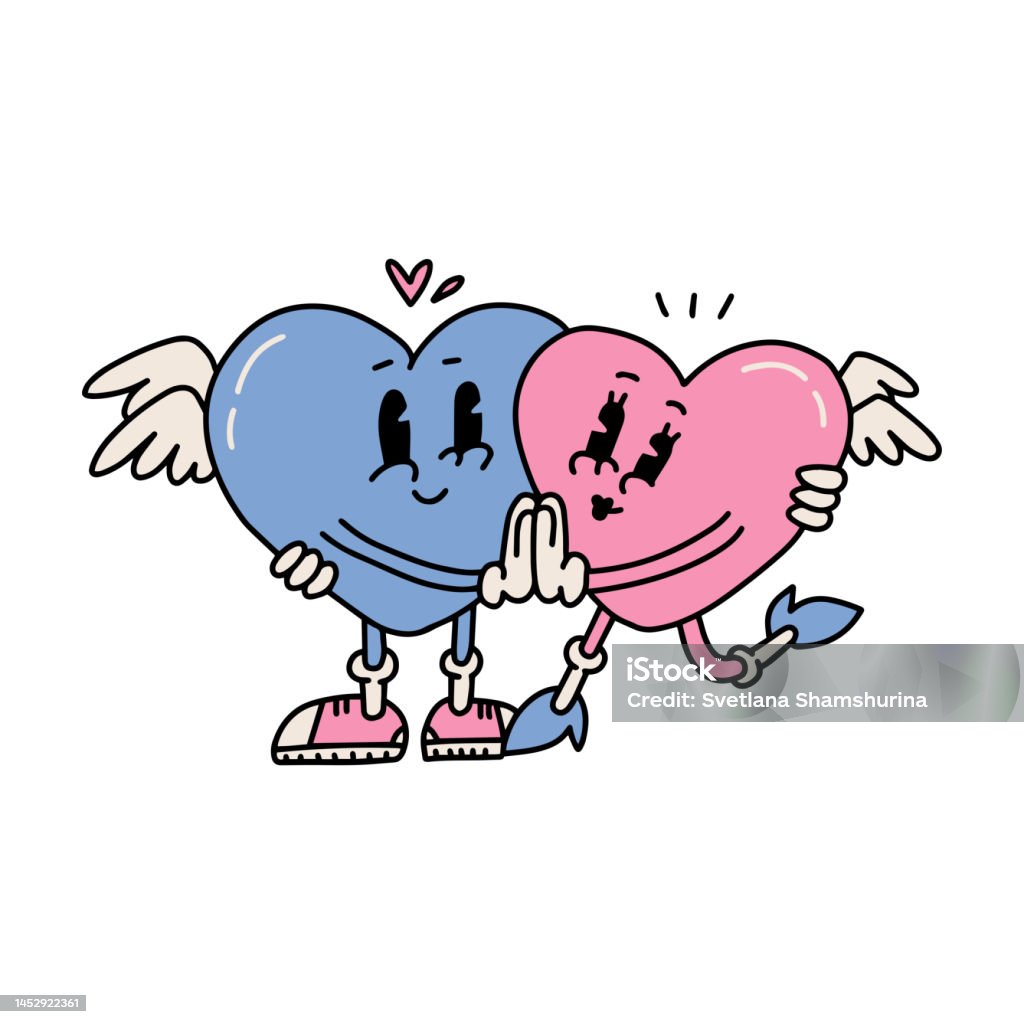 Ilustración de Personajes De Corazón De Dibujos Animados Retro Abrazados  Lindos Símbolos De Amor Con Caras Manos Y Pies 14 De Febrero Mascotas De  Vacaciones Románticas Emociones Divertidas Pegatina Emoji Ilustración  Vectorial
