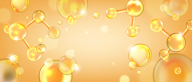 Vector skin care vitamin medical poster, yellow liquid bubble. Gold collagen beauty chemistry backdrop