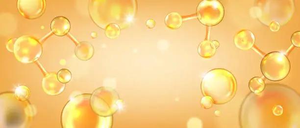 Vector illustration of Gold collagen background, peptide molecule background, 3D jojoba oil lab cosmetic science banner.