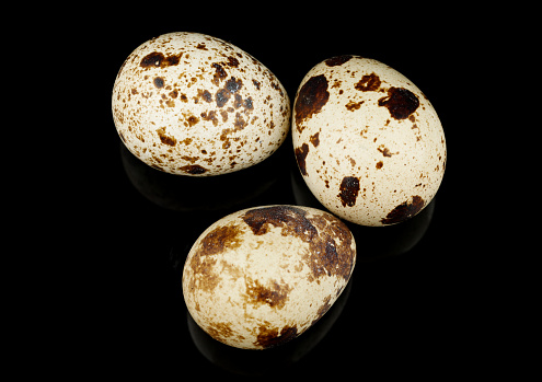 Several quail eggs on a black background