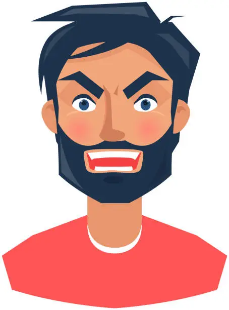 Vector illustration of Angry face expression of adult man. Guy with emotion of anger. Distresses, frustrated, upset person
