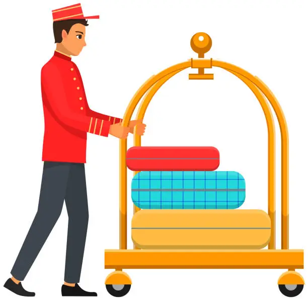Vector illustration of Bellboy worker with hotel baggage trolley. Hotel employee, doorman in uniform during work
