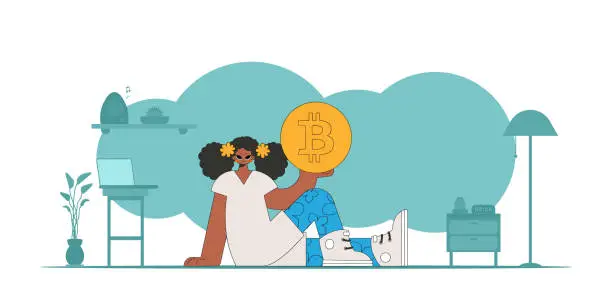 Vector illustration of The girl is holding a bitcoin. Cryptocurrency theme.