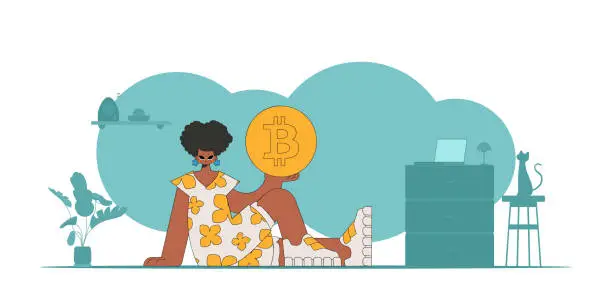 Vector illustration of The girl is holding a bitcoin coin. Cryptocurrency and fiat exchange concept.