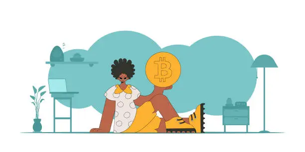 Vector illustration of The guy is holding a bitcoin. Cryptocurrency and fiat exchange concept.