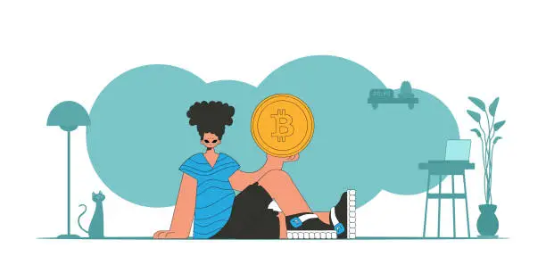 Vector illustration of The guy is holding a bitcoin coin. Cryptocurrency theme.
