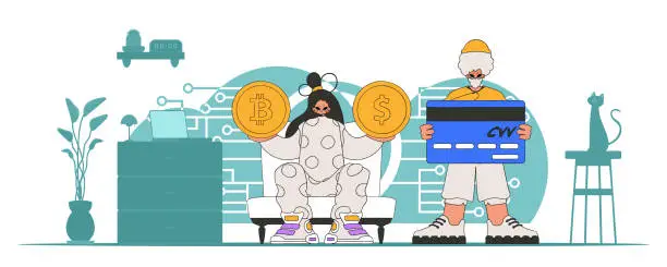 Vector illustration of Cryptocurrency and fiat exchange management theme. A team of people interact with crypto assets.