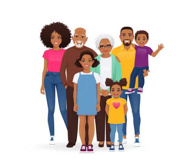 Big family portrait Big happy African American family with grandparents and children vector illustration isolated. Mother, father, daughter, son, grandfather, grandmother standing together. family reunion stock illustrations