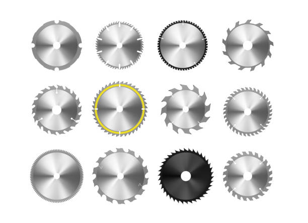 Circular saw blades mechanical carpentry construction hardware set realistic vector illustration Circular saw blades mechanical carpentry construction hardware set realistic vector illustration. Industrial steel buzz rotation tool sharp device machine dangerous rotary metal turning equipment circular saw stock illustrations