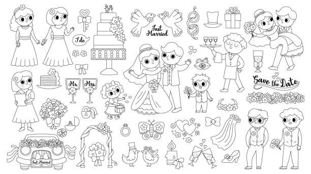 Vector big black and white wedding elements set. Cute marriage line clipart and scenes with bride and groom, bridesmaids, rings, cake. Just married couple collection. Funny ceremony coloring page Vector big black and white wedding elements set. Cute marriage line clipart and scenes with bride and groom, bridesmaids, rings, cake. Just married couple collection. Funny ceremony coloring page wedding clipart stock illustrations