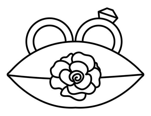 Vector black and white wedding rings with stone on little pillow with rose. Cute marriage or proposal clipart element or for bride and groom. Just married couple ceremony accessory coloring page Vector black and white wedding rings with stone on little pillow with rose. Cute marriage or proposal clipart element or for bride and groom. Just married couple ceremony accessory coloring page wedding clipart stock illustrations