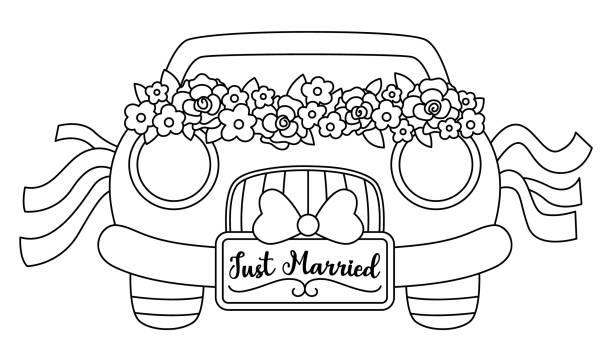 Vector black and white wedding car decorated with flowers and ribbons. Honeymoon line automobile with just married plate. Cute marriage clipart. Bride and groom transportation coloring page Vector black and white wedding car decorated with flowers and ribbons. Honeymoon line automobile with just married plate. Cute marriage clipart. Bride and groom transportation coloring page honeymoon book stock illustrations