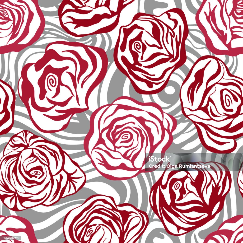 Wiggly Line Roses Pattern Vector Abstract Red Roses On Wavy Gray Background Stock ...