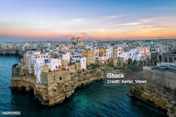 Polignano A Mare Aerial View At Sunset Stock Photo - Download Image Now - Above, Aerial View, Ancient