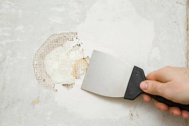 Young adult man hand using spatula and plastering concrete wall hole with putty on mesh. Closeup. Repair work of home. Renovation process. stock photo