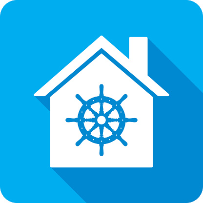 Vector illustration of a house with helm icon against a blue background in flat style.