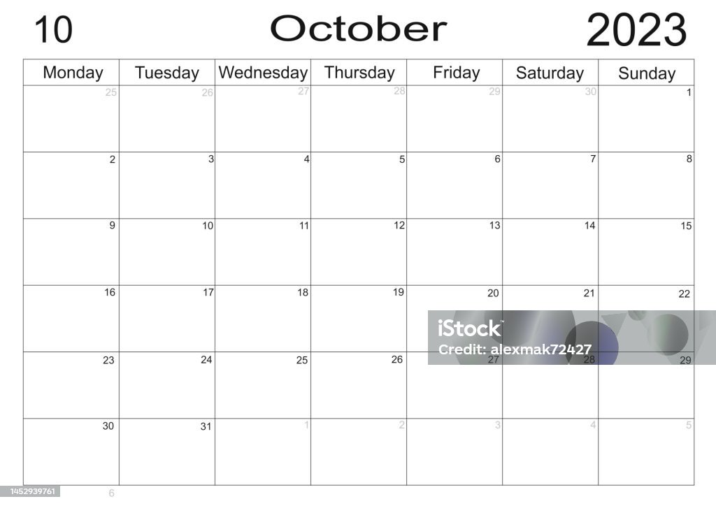 Planner for October 2023. Schedule for month. Monthly calendar. Organizer Planner for October 2023. Schedule for month. Monthly calendar. Organizer for October 2023. Business plan. To do list for month. Empty cells of planner. Monthly organizer. Calendar 2023. Monday start 2023 Stock Photo