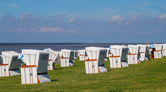 A group of strankorbs at the beach in Busum, Germany on a sunny day