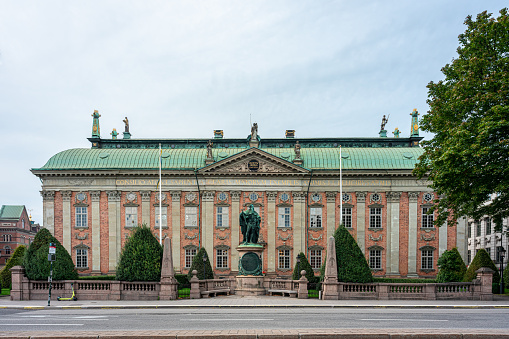 Stockholm, Sweden - September 11, 2021: Exterior front view of the historic building House of Nobility in the city of Stockholm Sweden September 11, 2021.