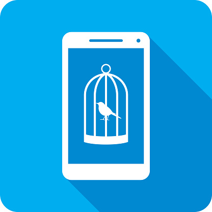 Vector illustration of a smartphone with bird in a cage icon against a blue background in flat style.