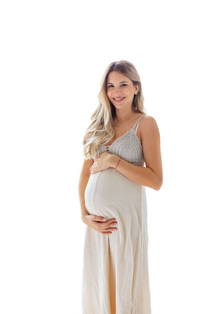 felice donna incinta su sfondo bianco - long long hair dress young adult foto e immagini stock