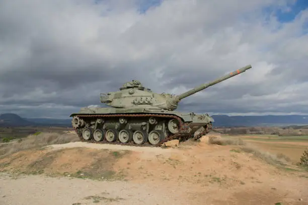 Battle tank on display in a village in the province of Burgos.