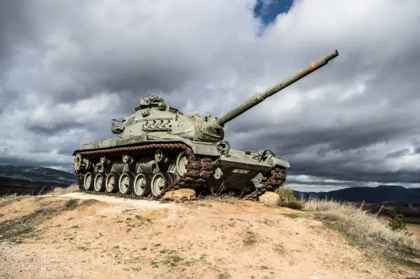 Battle tank on display in a village in the province of Burgos.