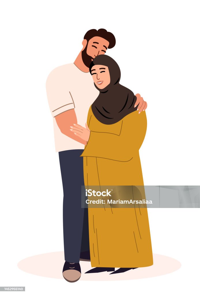 Happy Young Romantic Muslim Couple Togetherarabian Wife In Hijabhusband Hug  Each Othersupportingwarm Relationshipsfamily People Trust Each Othertrue  Lovesmiling Womanmanvector Illustration Stock Illustration - Download Image  Now - iStock