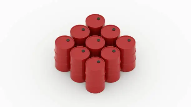 red oil drum metal barrels in row isometric on white background 3d render
