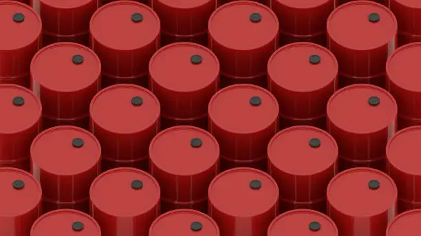 red oil drum metal barrel in row isometric 3d render