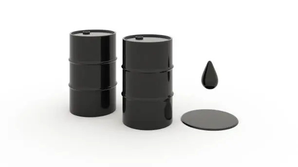 black oil drum metal barrel and oil drop on white background 3d render