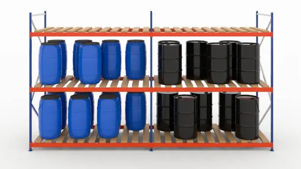 blue plastic water and black metal barrels on warehouse shelving storage on white background 3d render