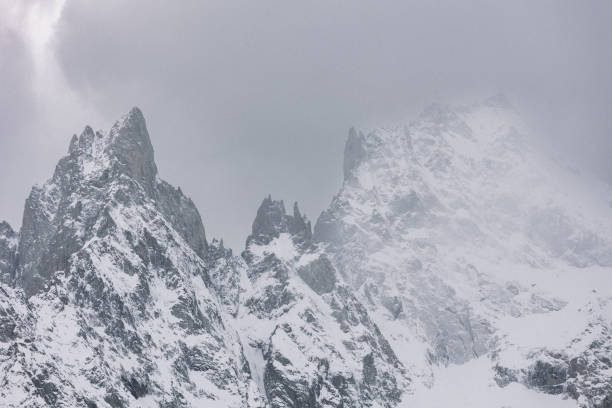 Snowy forested slope leading to jagged chamonix mountain summit in winter