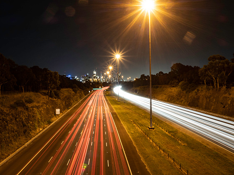 Light trails on Eastern Freeway and Melbourne skyline